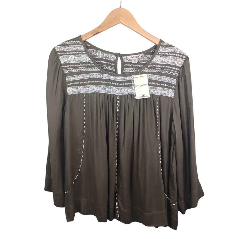 Lucky Brand Womens Embroidered Beaded Boho Blouse 3/4 Sleeve Size M Olive Green